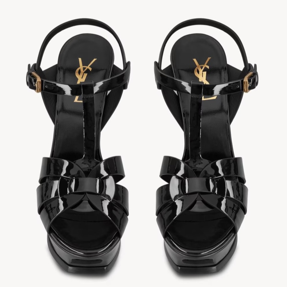 YSL Tribute Platform Sandals in Black Patent Leather